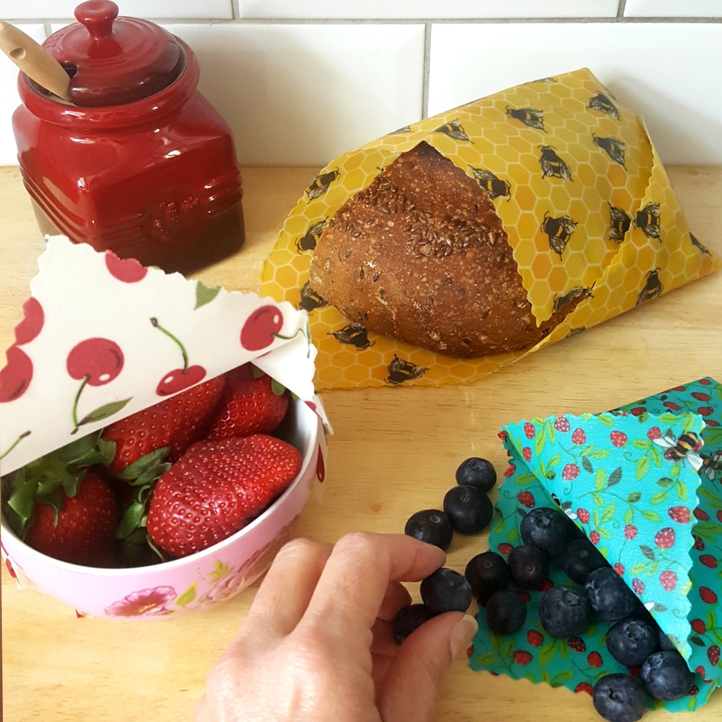 *Set of 3 Handmade Beeswax Wraps | Bees & Cherries