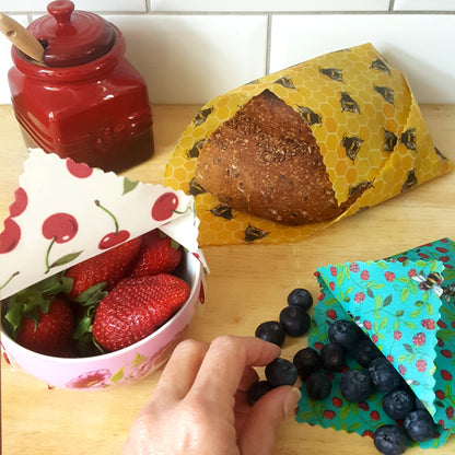 *Set of 3 Handmade Beeswax Wraps | Bees & Cherries