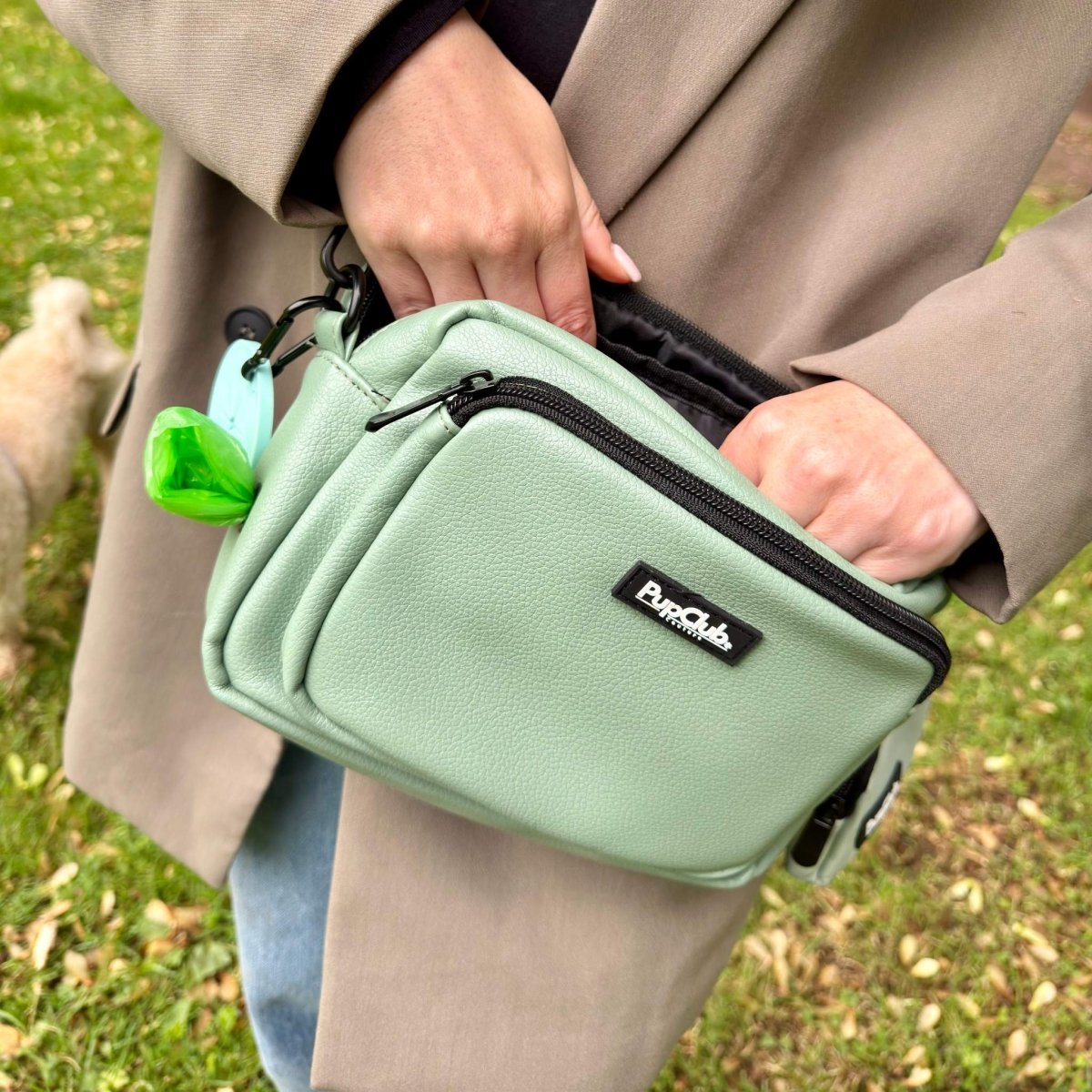 Crossbody Dog Walking Bag - Vegan Leather Sage Green