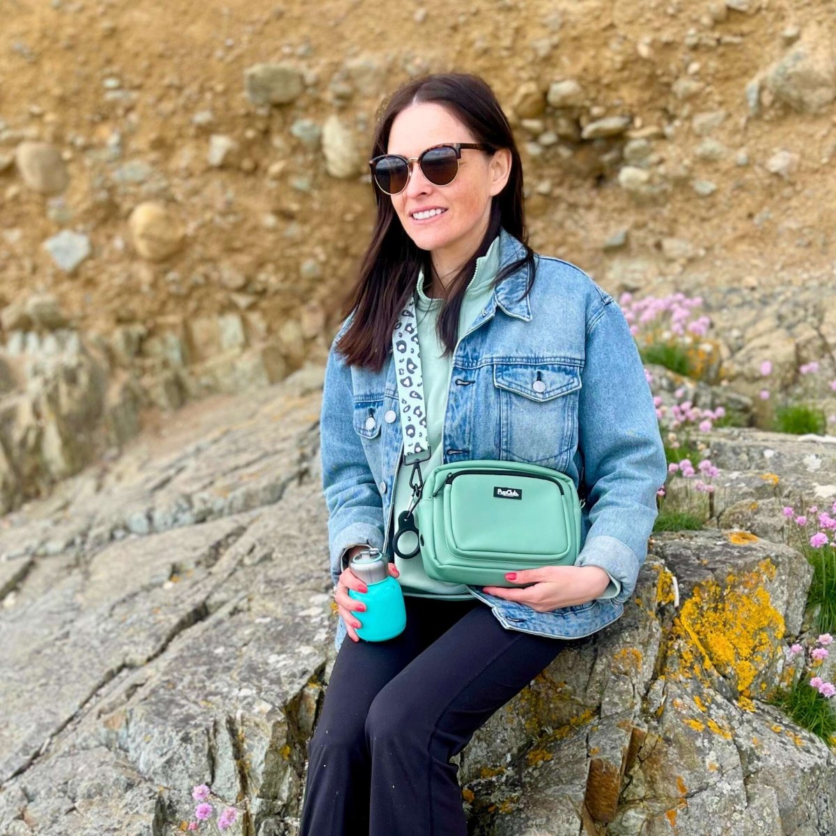 Crossbody Dog Walking Bag - Vegan Leather Sage Green